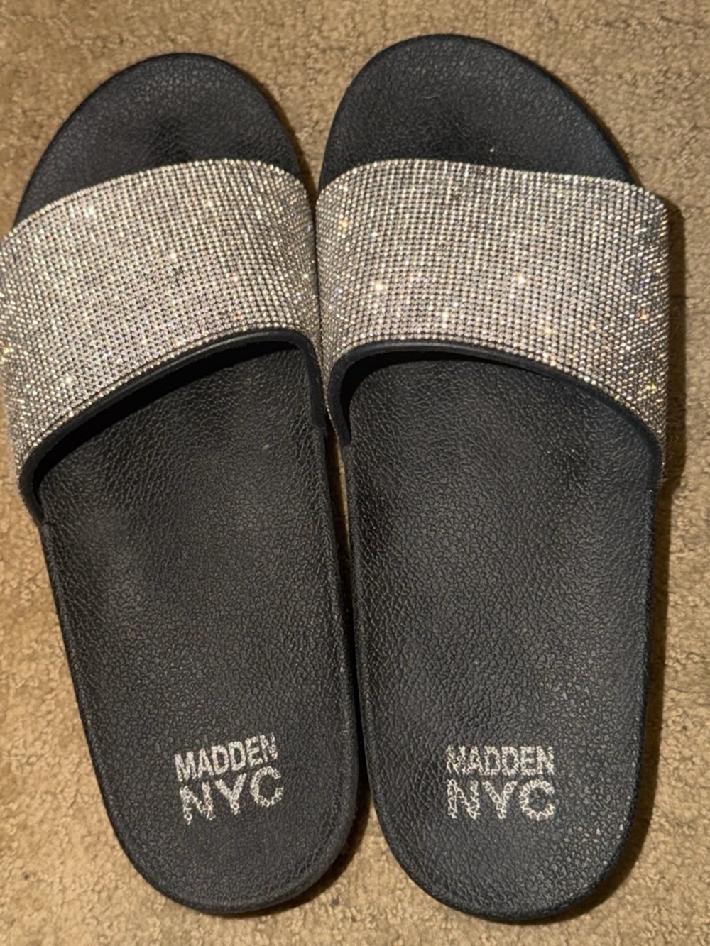 Madden Girl Black Slide Sandals with Silver Rhinestone Strap